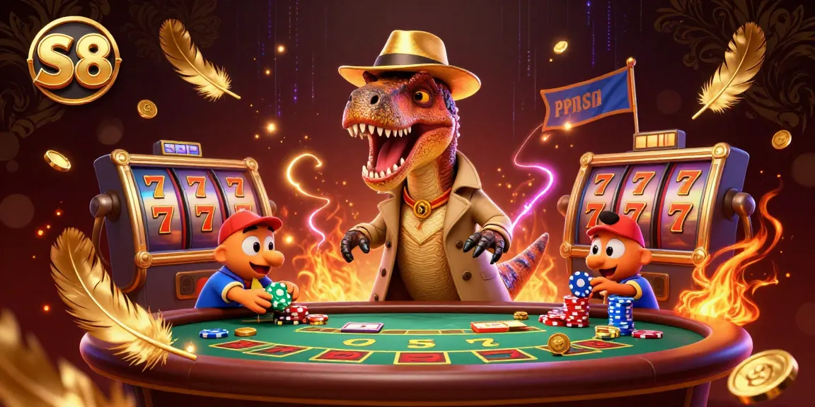 S 8 showcases a clever velociraptor card counter at a blackjack table surrounded by slot game elements.