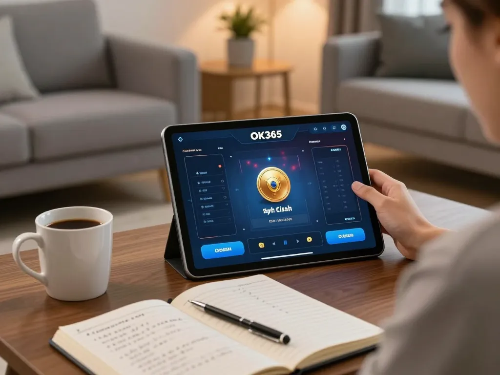 Engaging with the OK365 mobile app for online gaming in a cozy living room.