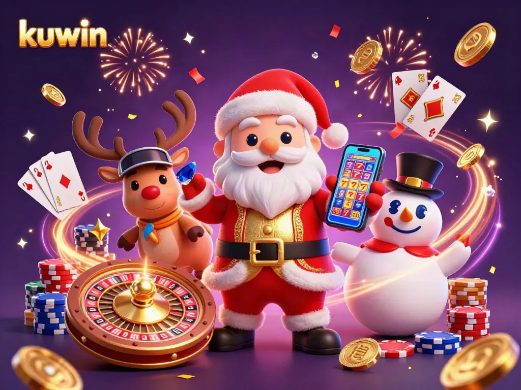 kuwin's exciting gaming adventure with Santa Claus and friends in dynamic casino scene