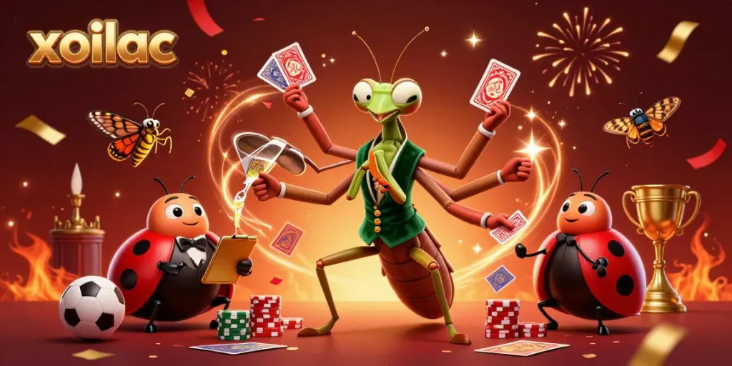 Engage with the thrilling action of xoilac as a cartoon mantis and ladybug oversee an animated gambling scene.