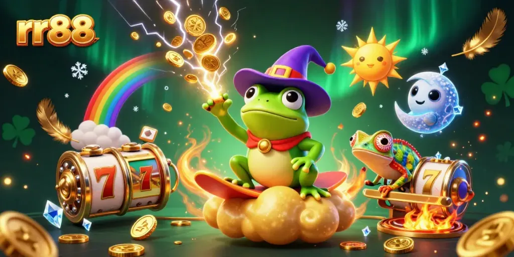 Win big with rr88 in a vibrant 3D casino scene featuring mystical characters and golden coins.