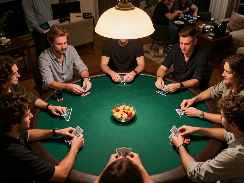 Players enjoying a lively poker night at uu88 with chips and cards on a well-lit table showcases thrilling gaming