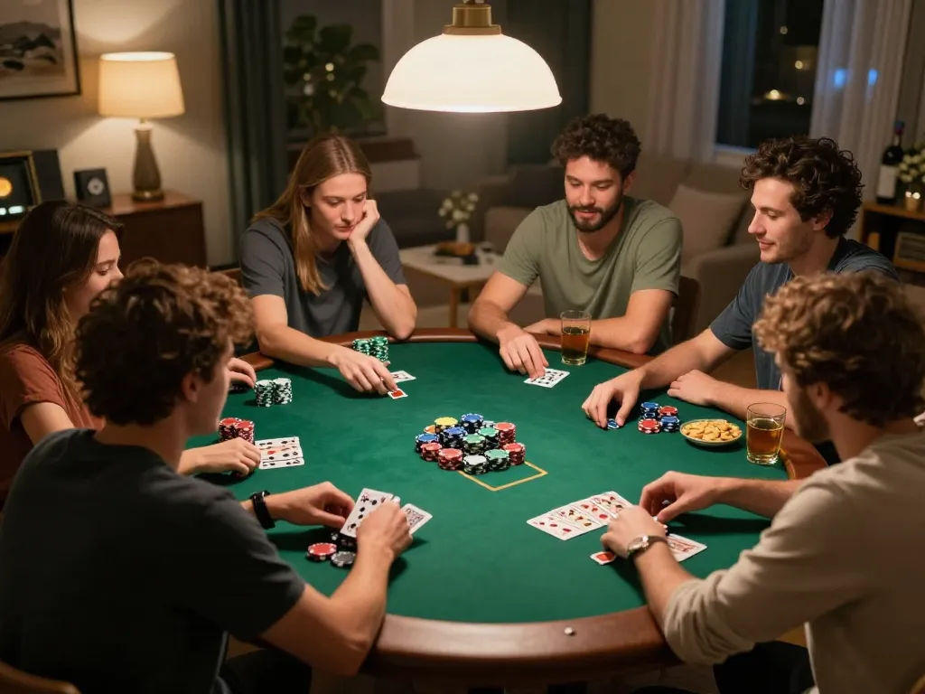Friends playing poker in a cozy setting, highlighting qrr99 strategies and social bonding moments.