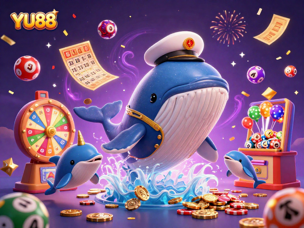 Engage with YU88’s vibrant lottery scene featuring a whale, narwhal, and dolphins amidst dynamic gaming elements.