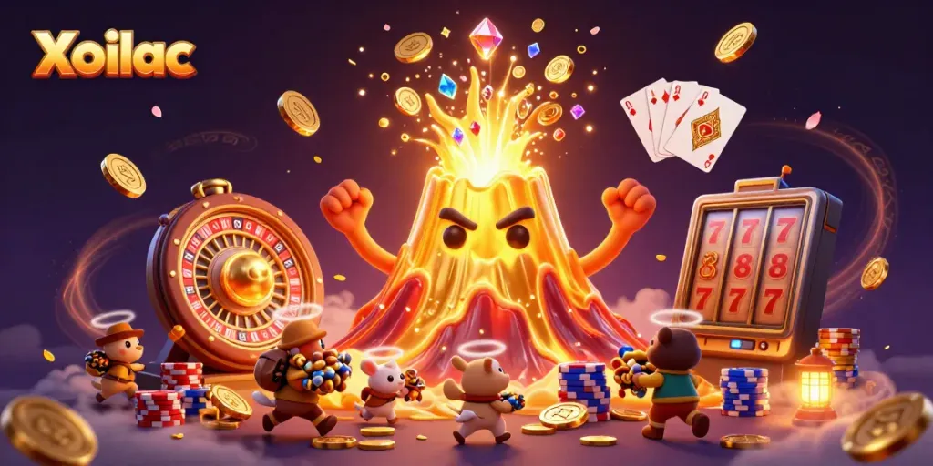 Engage with Xoilac's thrilling 3D gaming experience, featuring a volcano erupting coins and gems in a vibrant scene.