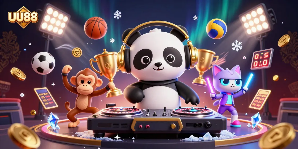 Engage with UU88 through an energetic gaming scene featuring DJ panda, dancing monkey, and party kitten.