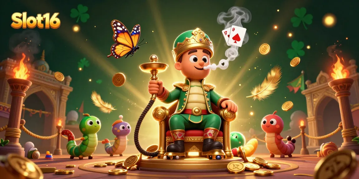 Engage with Slot16 gaming experience amidst a vibrant scene of fantasy and luck, showcasing dynamic casino elements.