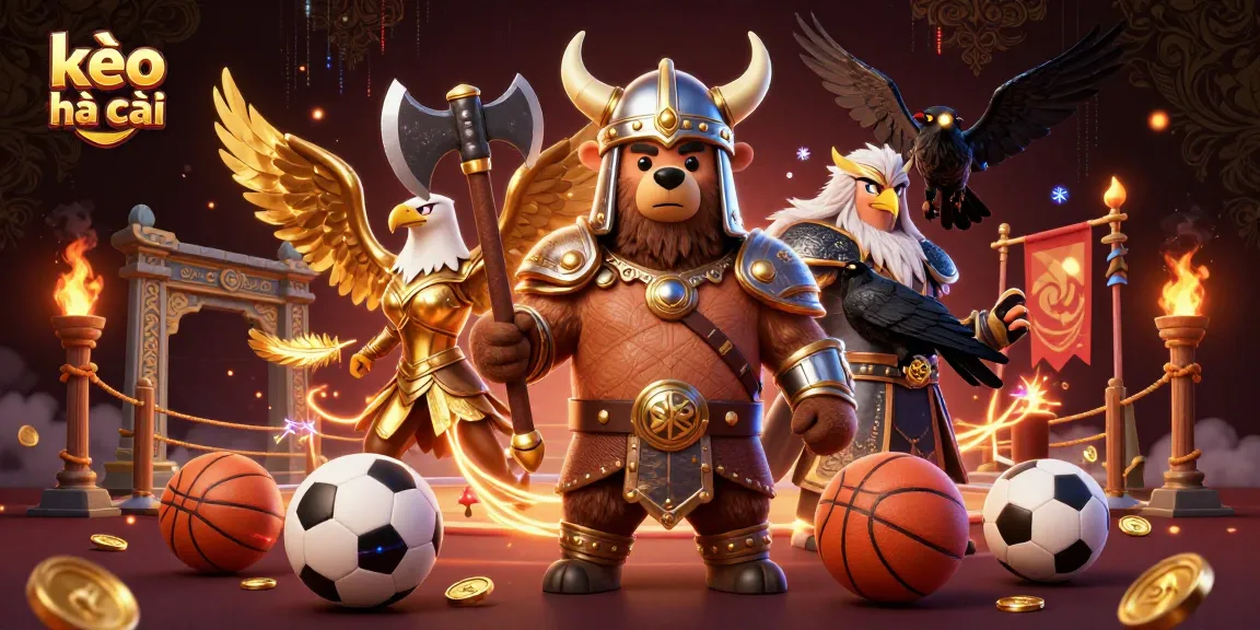 Engage with kèo nhà cái in a dynamic 3D casino scene featuring a Viking bear and Valkyrie eagle.