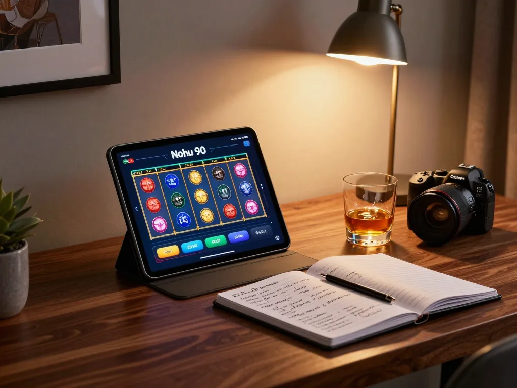 Nohu 90 online game interface on tablet set in a cozy home office with strategic notes.