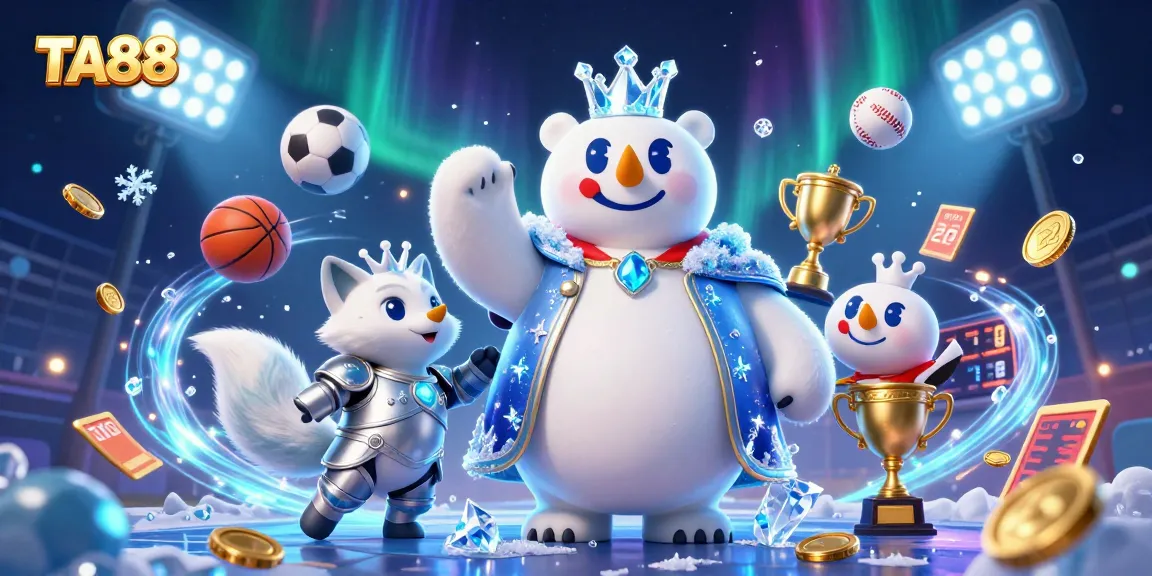 TA88 showcases a powerful polar bear and fox in a dynamic sports betting scene with trophies and action.