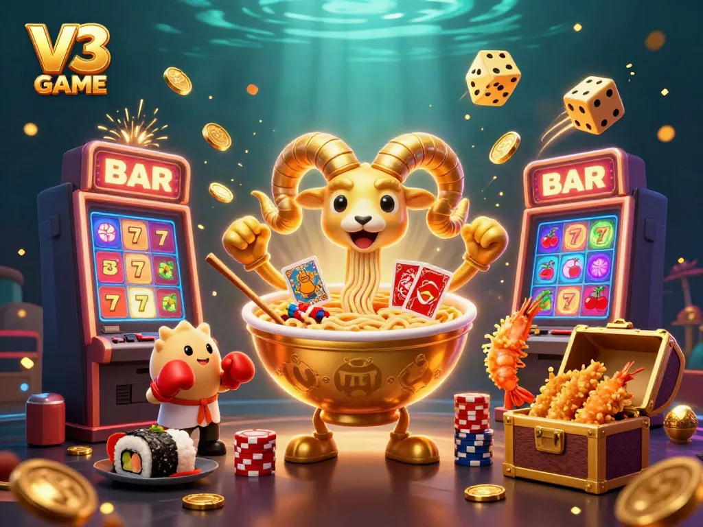Experience the thrill of V3 GAME with a vibrant, action-packed casino cartoon illustration.