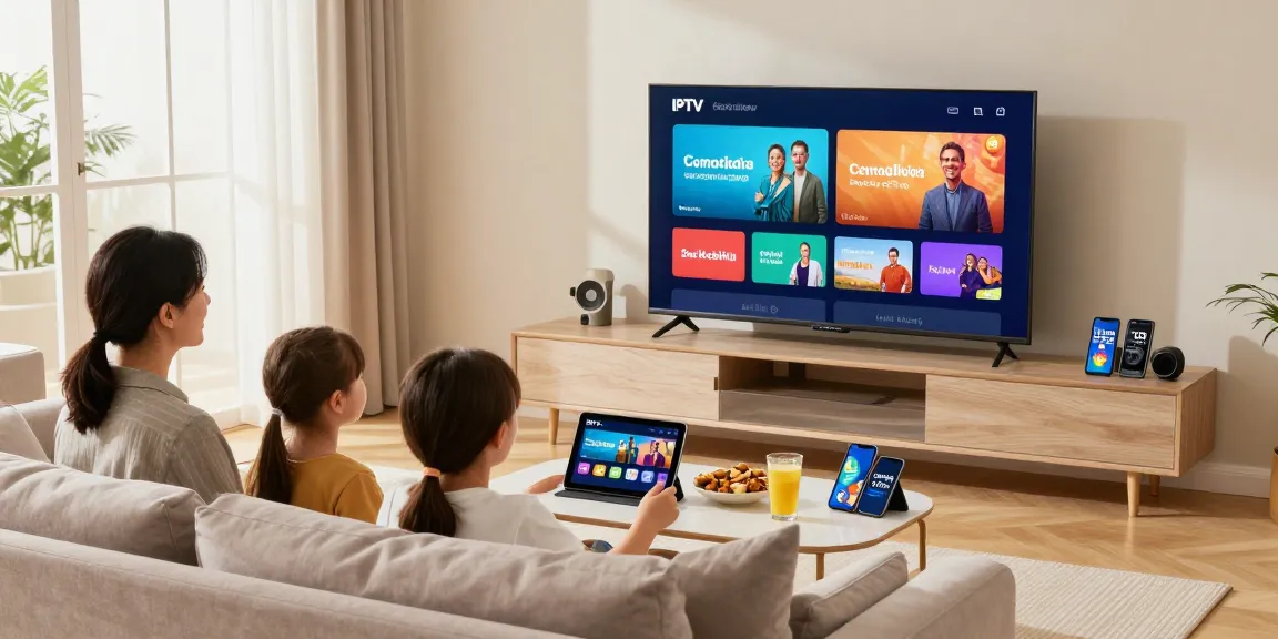 Familj som njuter av IPTV Sverige i ett mysigt vardagsrum med en 4K Smart TV.