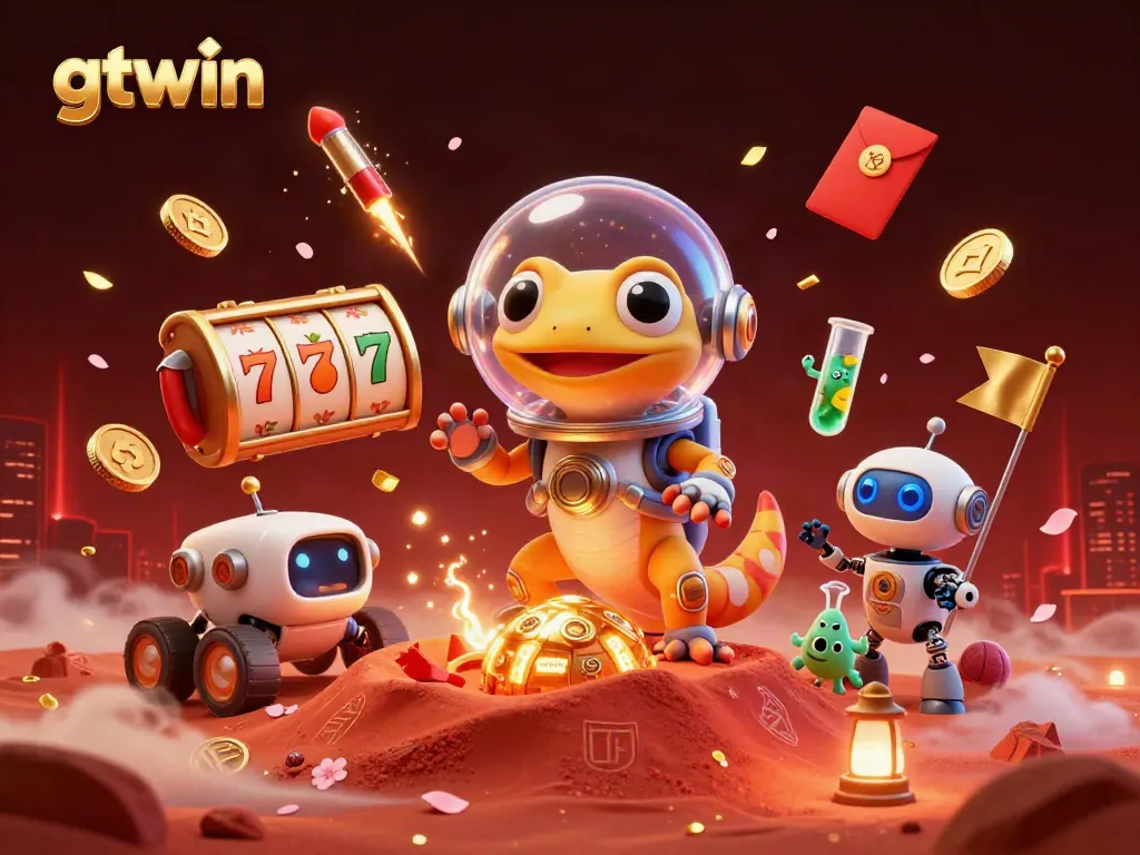 gtwin showcases a vibrant Martian casino scene with a gecko, exploring a golden casino amidst dynamic slot elements.
