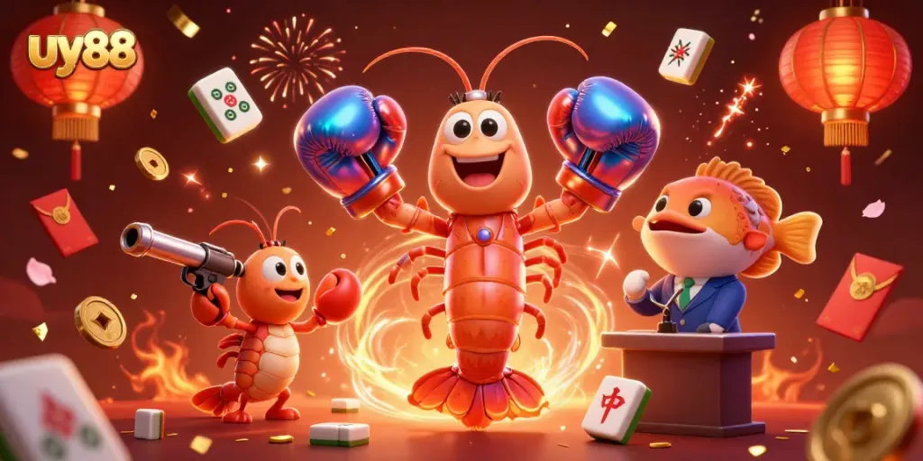 Experience thrilling gameplay with uy88 at a vibrant casino scene featuring lively characters and festive elements.