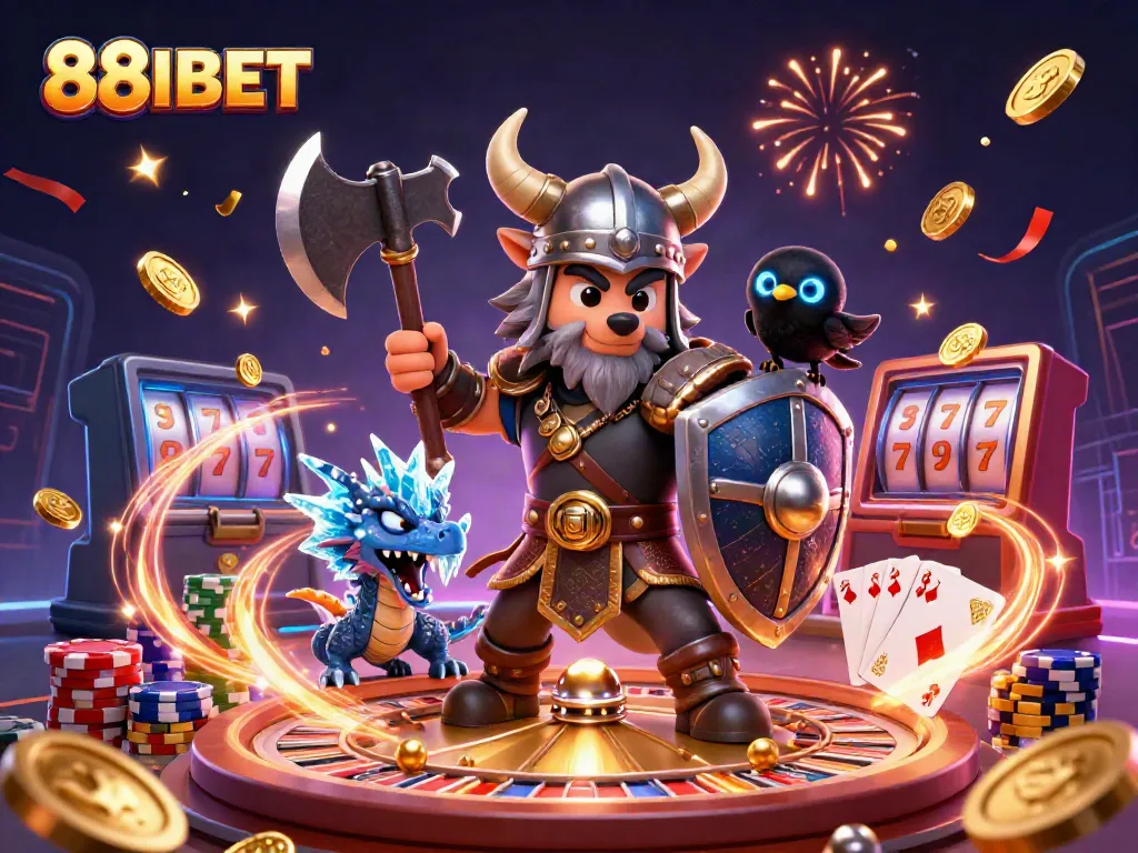Win big with 88IBET's exciting casino games, featuring a Viking wolf warrior and dazzling treasures.