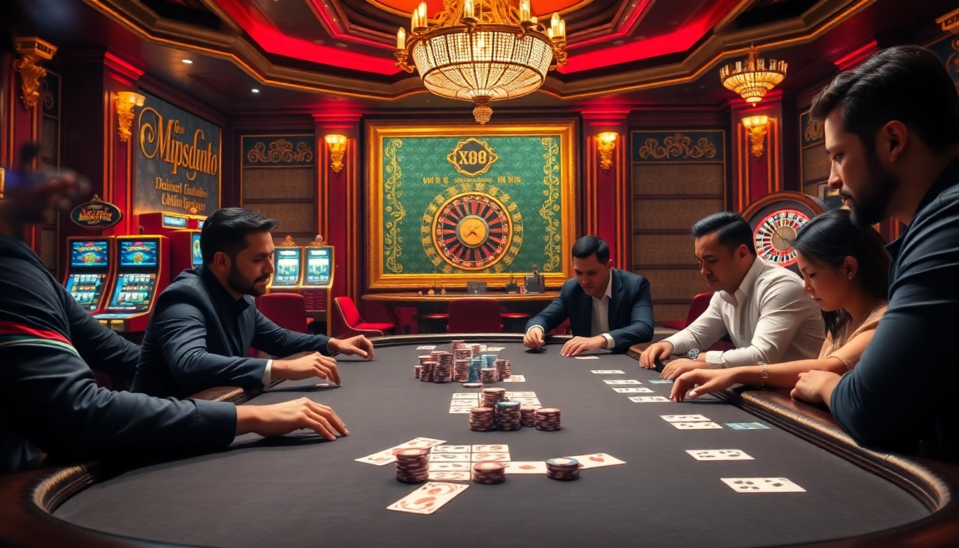 Players at a poker table strategically betting in an exciting XX88 casino scene.