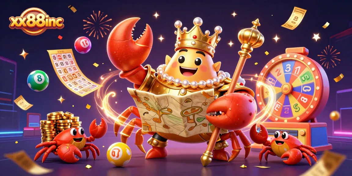 Engage in thrilling gameplay at xx88inc with a golden crab emperor ruling over a colorful gaming scene.