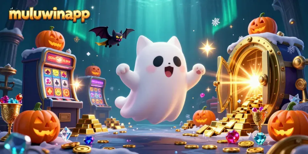 Experience muluwinapp with a ghost cat and vampire bat in a haunted casino scene filled with treasures.