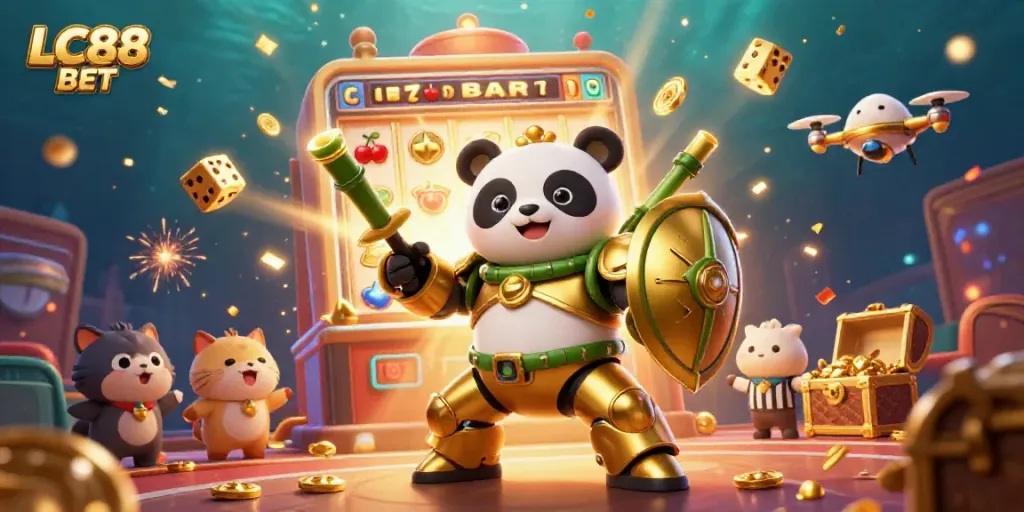 Engage in exciting gameplay with LC88 BET in a dynamic casino scene filled with jackpots and vibrant characters.