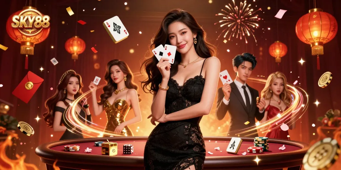 SKY88 reveals a captivating casino scene with an elegant Asian woman holding ace cards amidst festive elements.