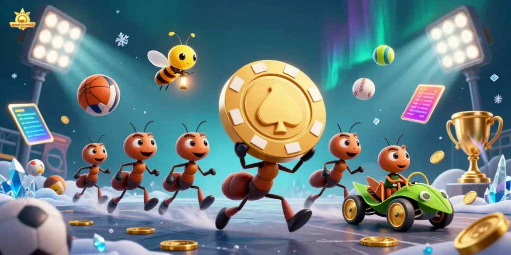 Witness the excitement at nhacaiuytin72 as ants stealthily carry a massive poker chip, surrounded by vibrant gambling elements.