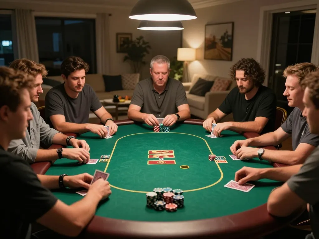 Friends engaging in a competitive poker game at home, highlighting the excitement of xx88bet gaming experience.