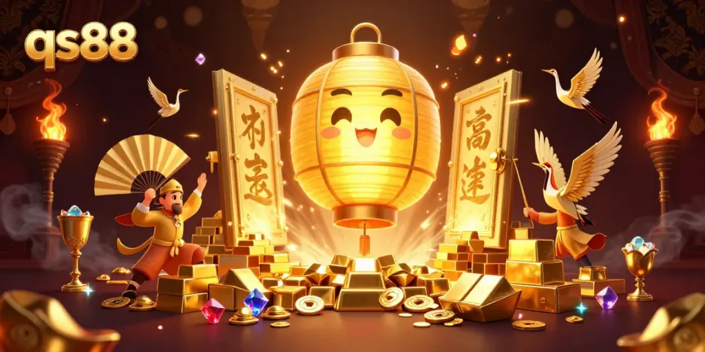 Experience the excitement of qs88 with vibrant golden elements and a dynamic casino scene.