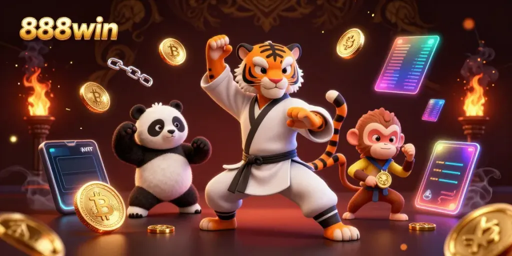 Engage in thrilling gameplay at 888win with vibrant animated characters and glowing crypto elements.