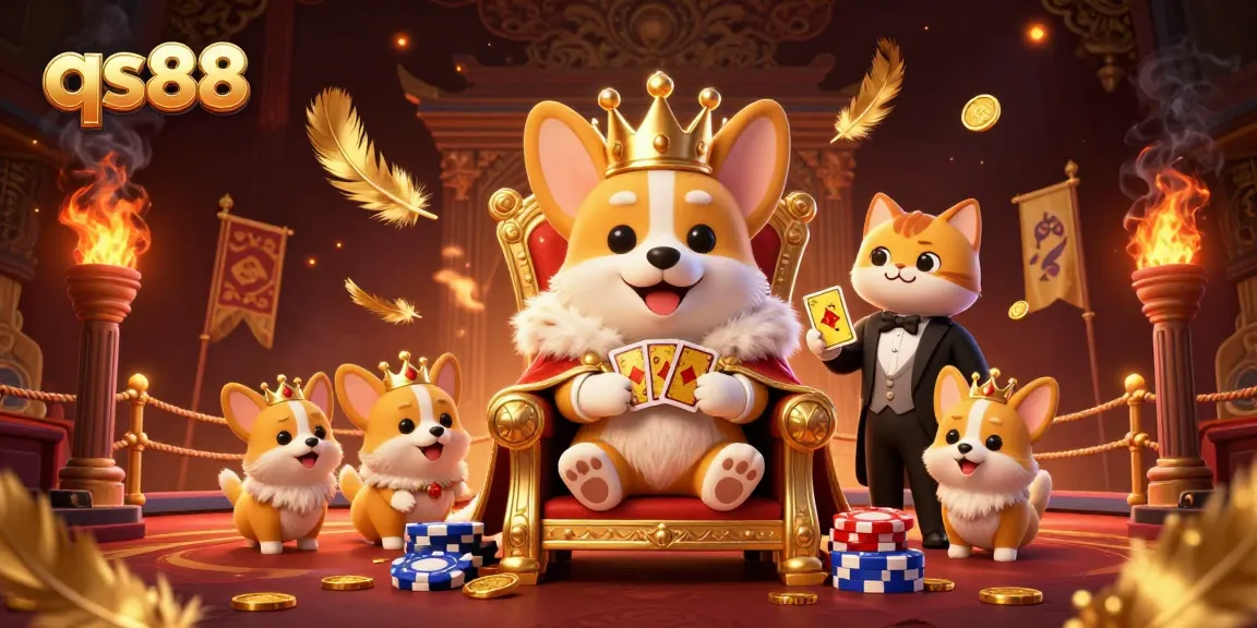 Engage in thrilling gaming with qs88 as corgis celebrate in a vibrant, 3D casino scene.