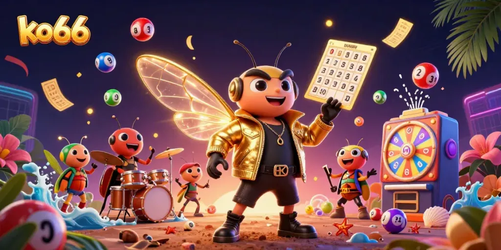 Engage in exciting gaming with ko66, featuring dynamic lottery balls, a rock star, and vibrant casino elements.