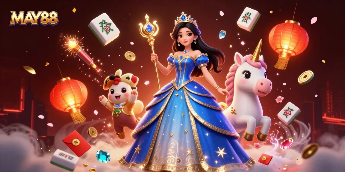 MAY88 features a spectacular casino scene with a glamorous woman, a whimsical unicorn, and vibrant game elements.