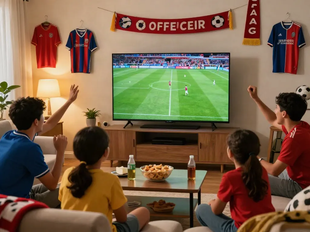Fans enjoying a thrilling match on Gà VàngTV in a lively living room.