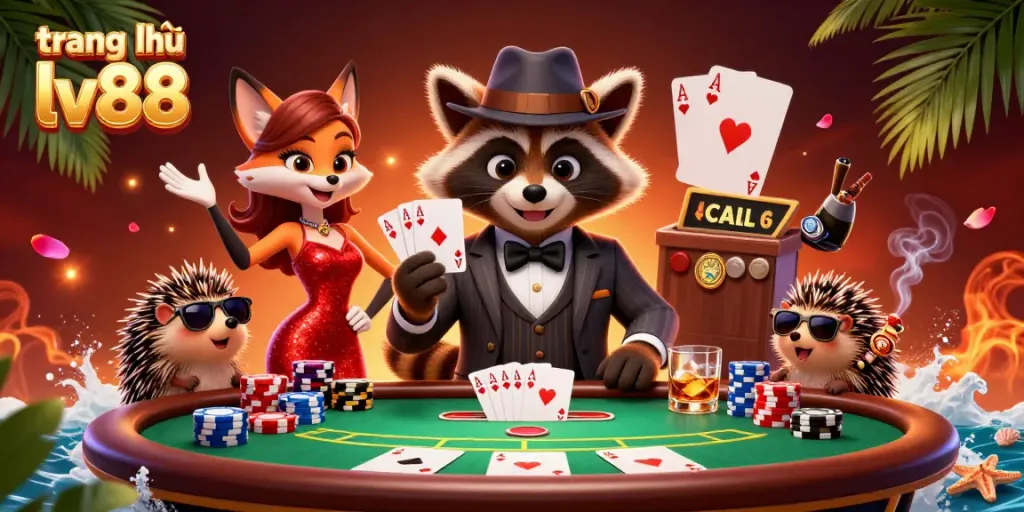 Experience the allure of trang chủ lv88, featuring characters engaging in a thrilling poker game amidst vibrant casino elements.
