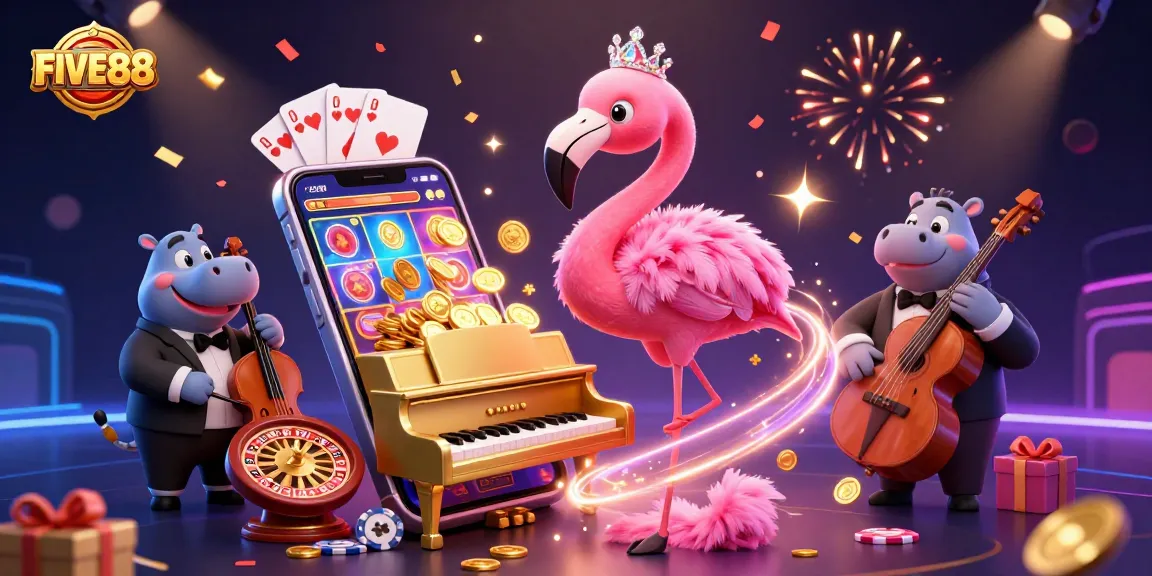 Experience the excitement of FIVE88 with vibrant casino-themed characters and game elements in a dazzling scene.