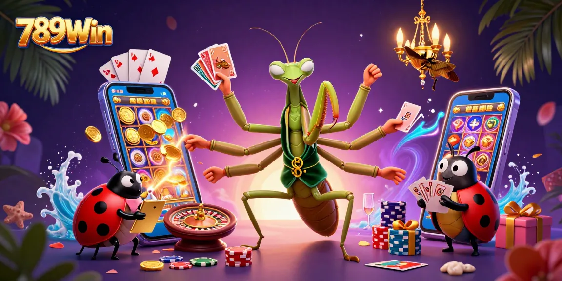 Experience dynamic fun with 789Win as the praying mantis card sharp and ladybug pit boss engage in exciting casino action.