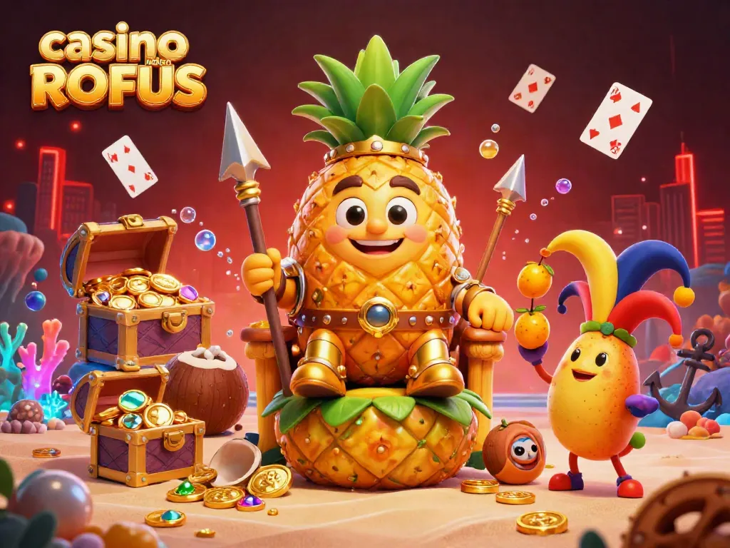 Experience excitement at casino sider uden ROFUS with a vibrant 3D scene of characters and treasure.