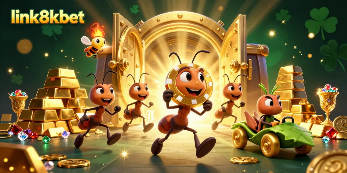 Experience thrilling heists in link8xbet with a fun 3D cartoon illustration featuring ants and treasures!