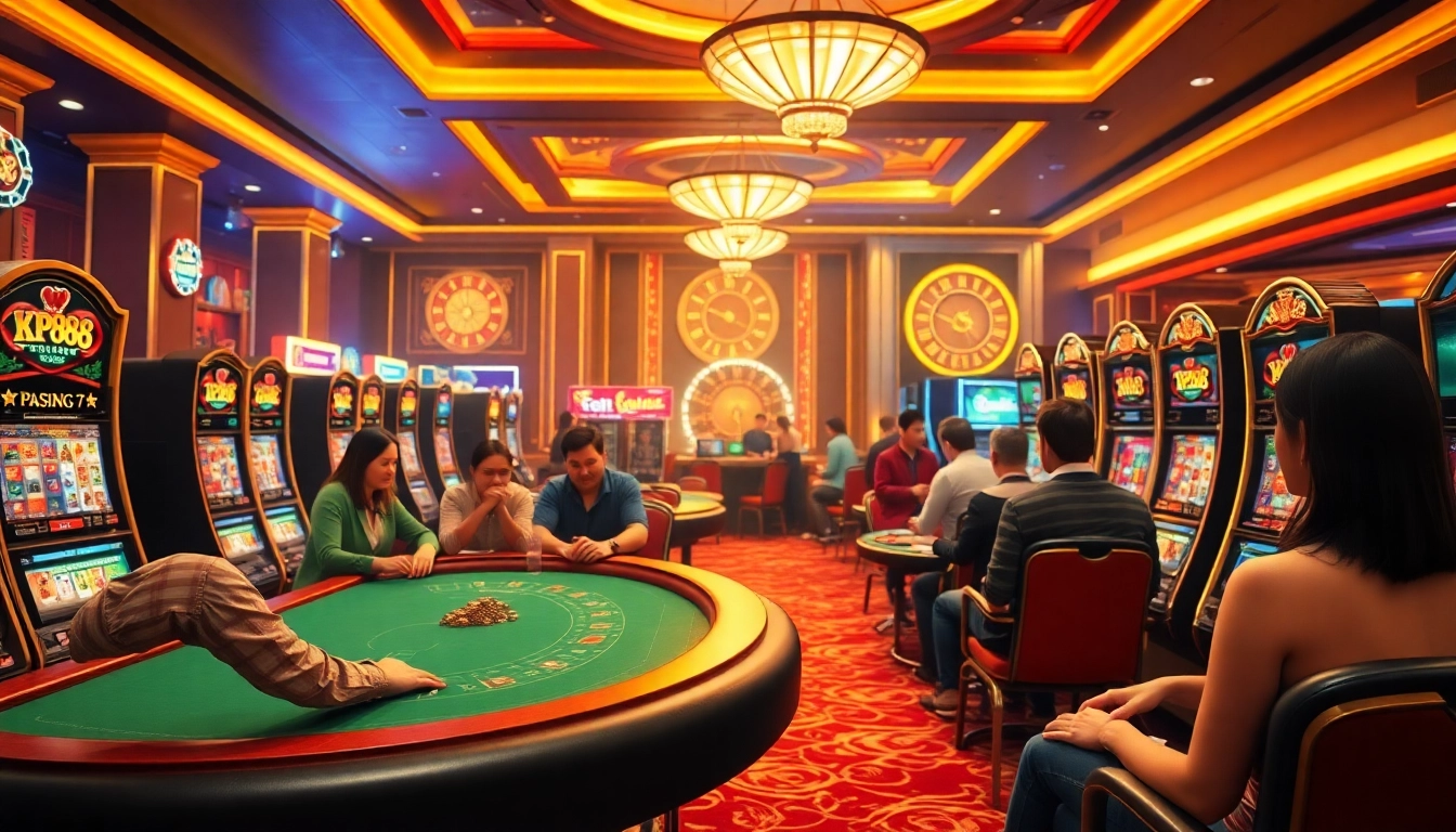 Gamblers enjoying a vibrant KP88 casino atmosphere with tables and slot machines.