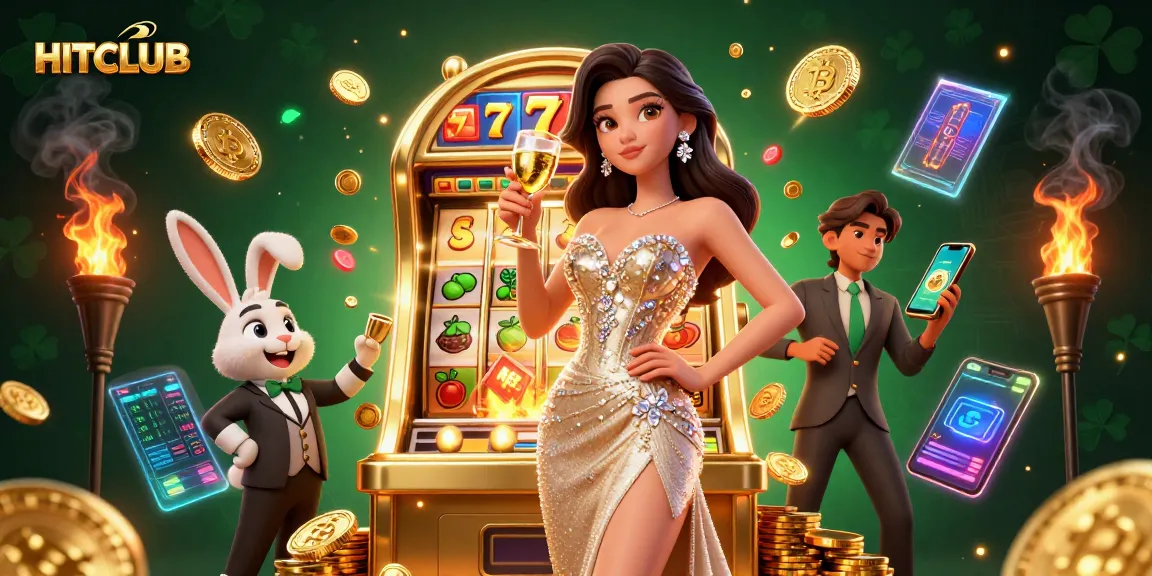 HITCLUB celebrates with a stunning woman by a golden jackpot slot machine, surrounded by vibrant digital casino elements.