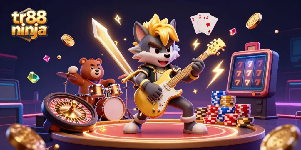 Experience thrilling gameplay with tr88 ninja featuring a wolf rock star and vibrant casino elements.