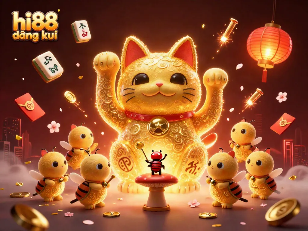 Experience winning with hi88 đăng ký as playful fireflies form a charming lucky cat with casino elements.