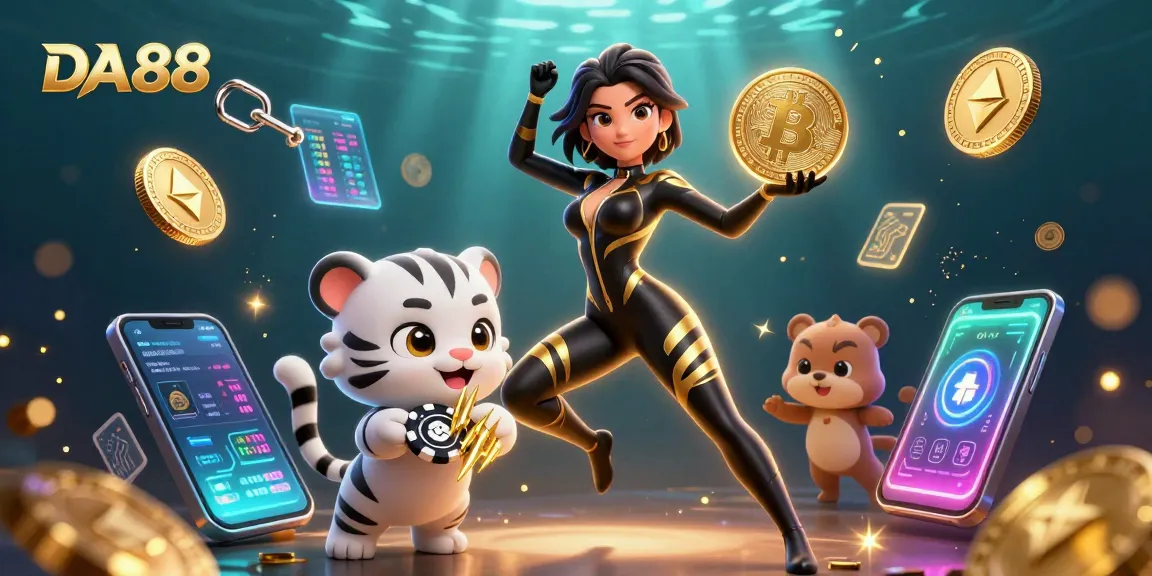 Engage with the DA88 gaming experience featuring a woman in a catsuit and a baby tiger amidst vibrant casino elements.