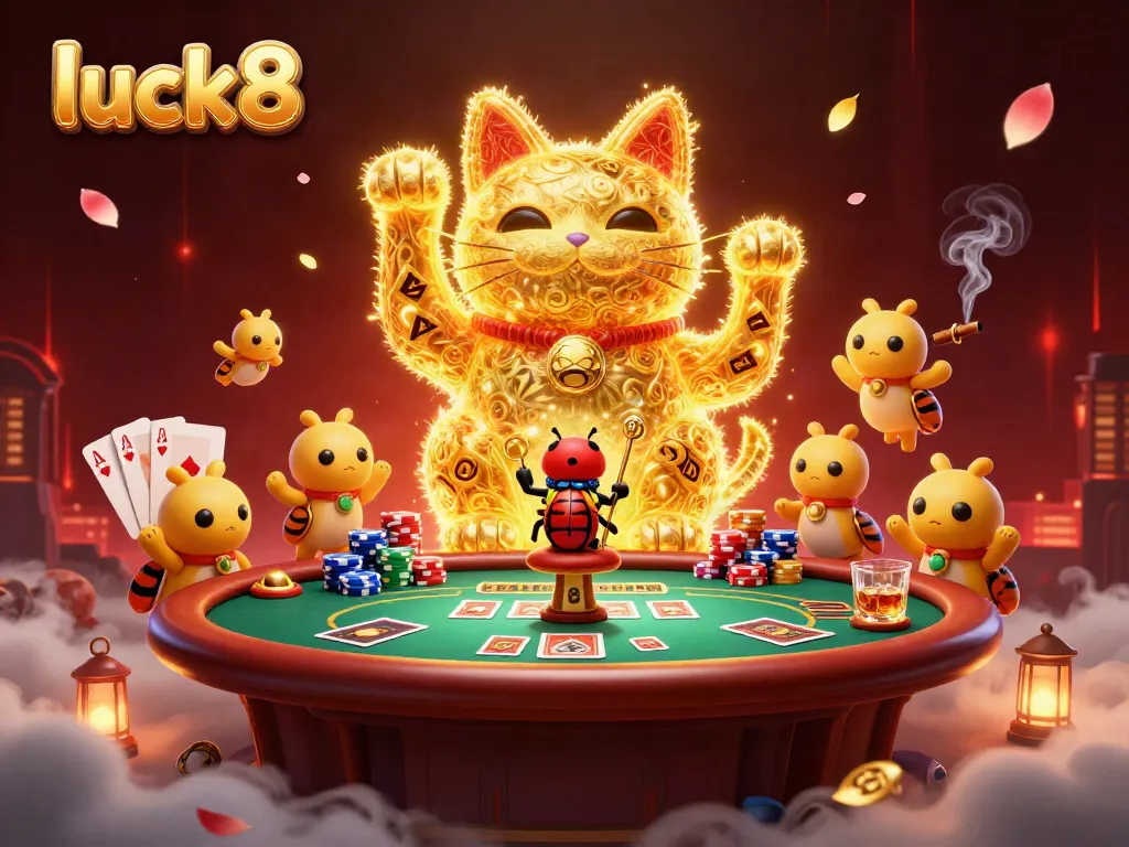 Luck8 showcases an enchanting scene of golden fireflies forming a lucky cat at a lively casino setting.