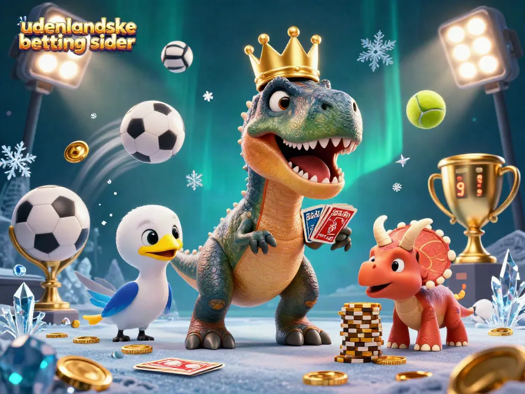 Engage with udenlandske betting sider through a fun scene featuring a friendly T-Rex and sports elements.