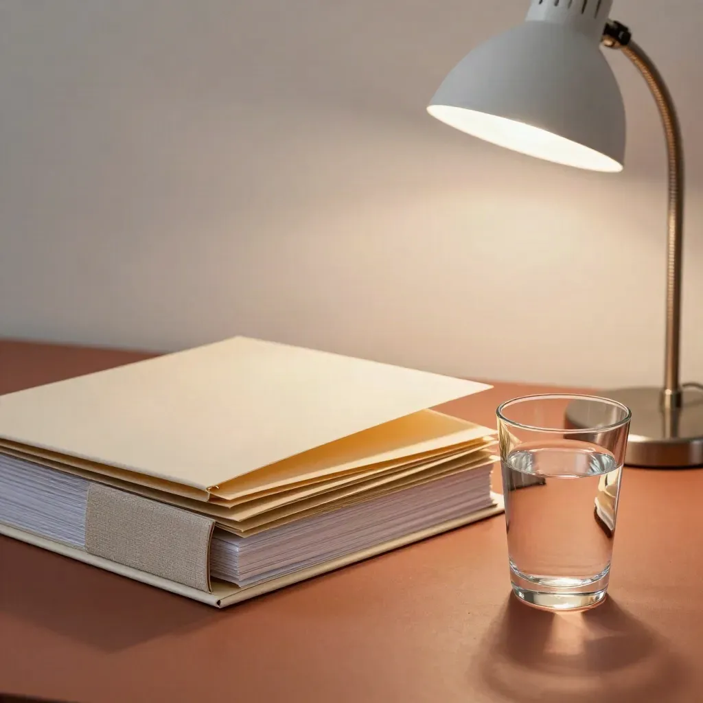 Mapp, pärmar, skrivbordslampa och vattenglas i ett kommunalt arbetsrum i morgonljus.