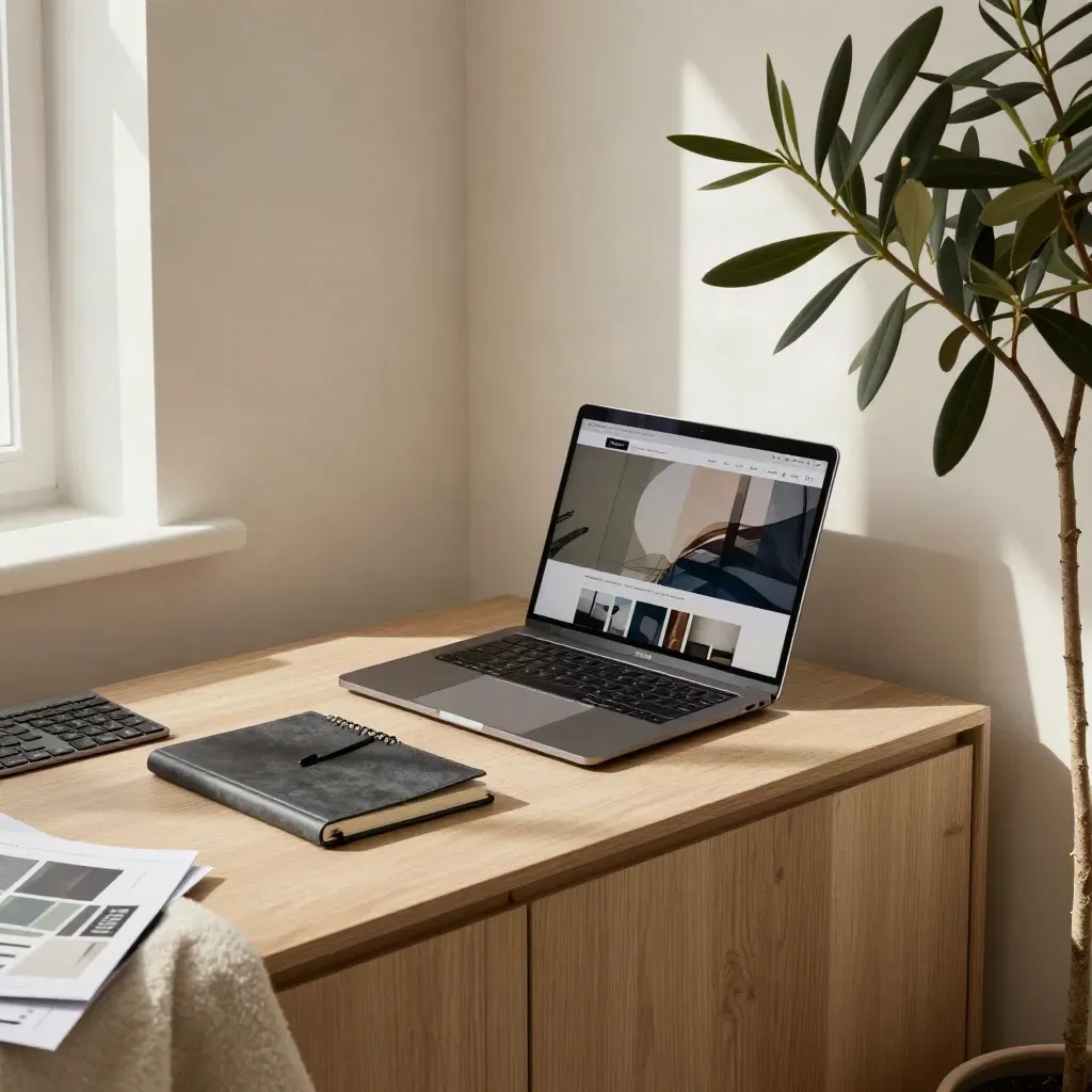 Laptop, anteckningsbok och växt i ett mörkt arbetsrum med mjukt ljus.