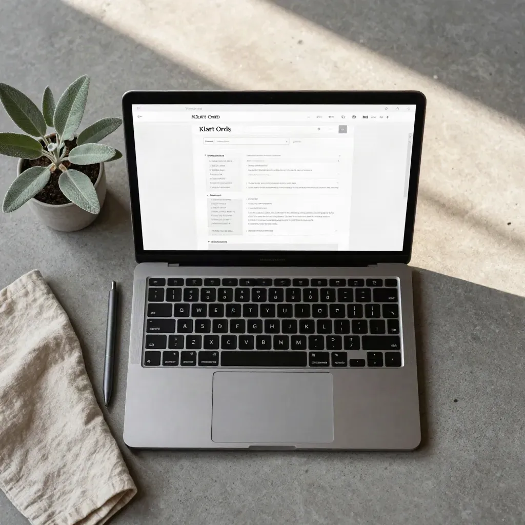 Överifrån: laptop med webbtextutkast, penna, linnetyg och liten planta på betong.
