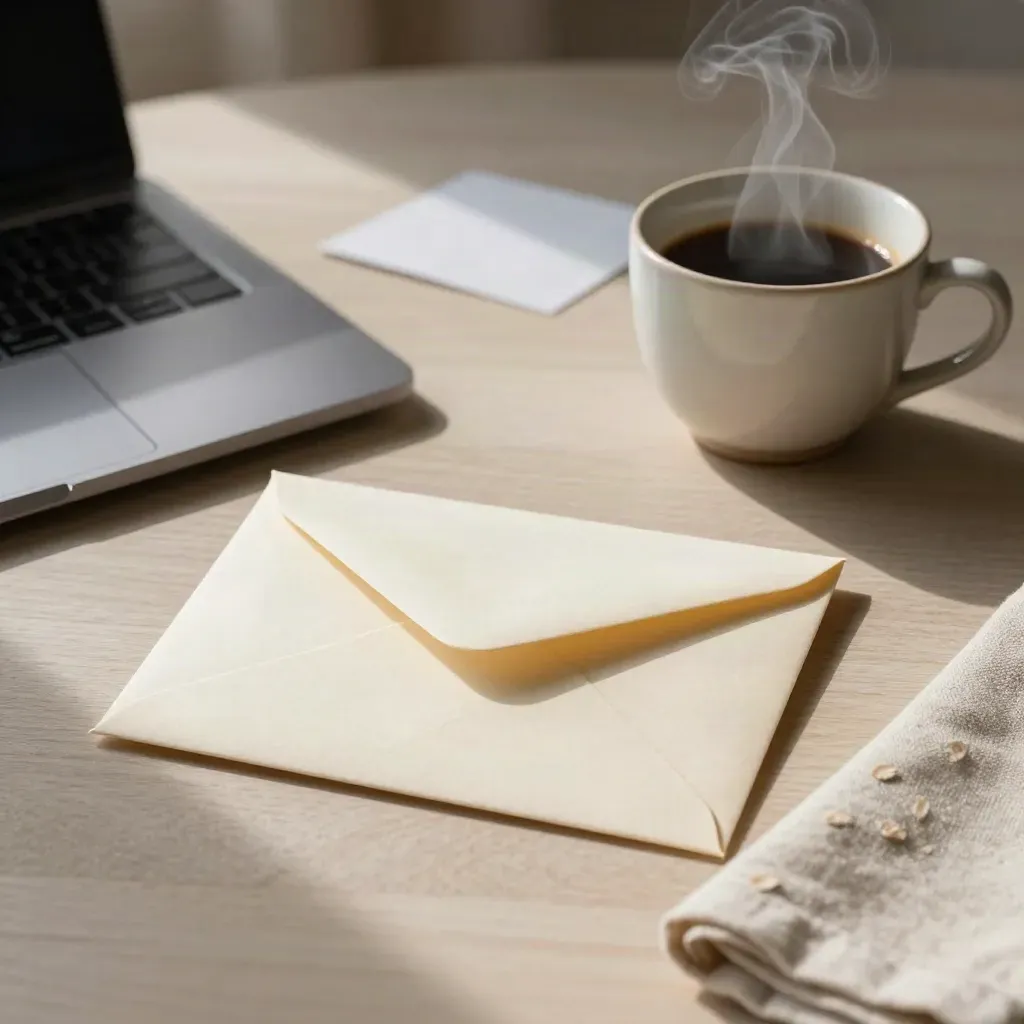 Kuvert, kaffekopp och laptopkant på ljus träyta i mjukt morgonljus.