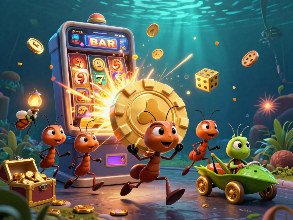 Experience thrilling gameplay with 789 WIN as ants carry a giant poker chip and jackpot symbols explode around them.