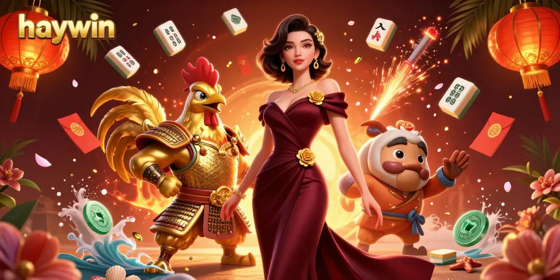 Join the excitement at haywin with a glamorous woman and samurai rooster warrior celebrating casino victories.
